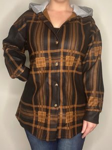 Checkered Oversized Hooded Jacket - Black and Coffee