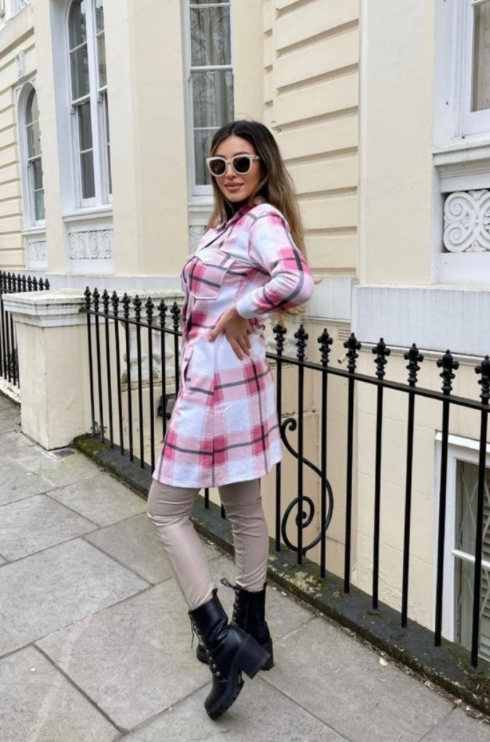 Mad About You - Long Line Flannelette Checkered Jacket - Pink