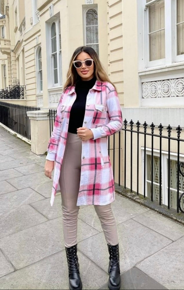 Mad About You - Long Line Flannelette Checkered Jacket - Pink