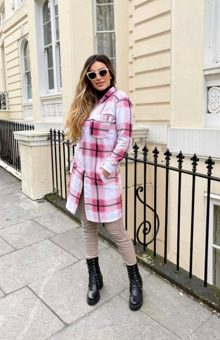 Mad About You - Long Line Flannelette Checkered Jacket - Pink